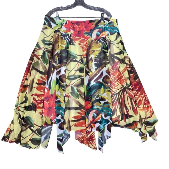 Chico's‎ Asymmetrical Midi Tropical Floral Flowy Handkerchief Hem Skirt - Sz 16 - Picture 1 of 10